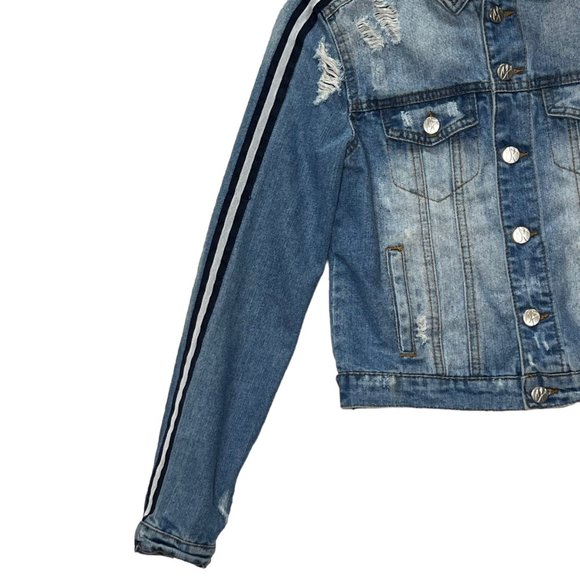 Crave Fame Crop Denim Jacket Womens XS Blue Medium Wash Long Sleeve Distressed B - Picture 4 of 11
